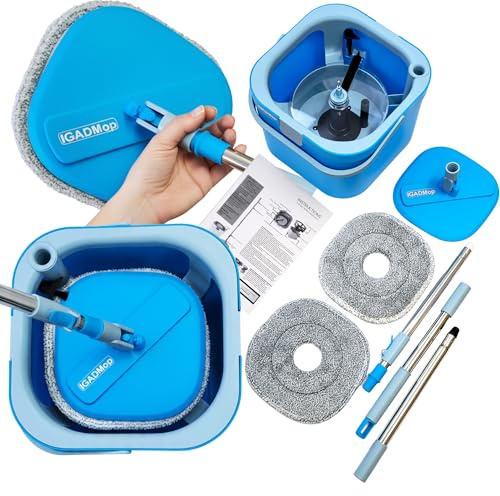 IGAD Mop Professional Kit with Bucket, 2 Chamber System for Separating Dirty and Clean Water, 130 cm Telescopic Handle, 2 Microfibre Mop Pads, Floor Mop Efficient for All Surfaces