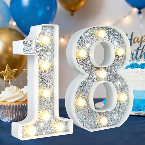 HEYCOLOR Silver Glitter Light up Numbers,8.86 Inch Marquee Number Lights for Baby Shower Birthday Wedding Anniversary Party Home Wall Decorations, Lighted Numbers as Gift for Girls Daughter, Number 18