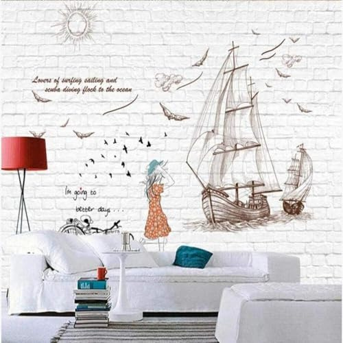 XLMING Blanc Mur De Briques Art Voilier Vélo Fille 3D Papier Peint Texture Soyeuse Intissé Salle à Manger Bureau D'étude Canapé Chambre Salon TV Mur-400cm×280cm