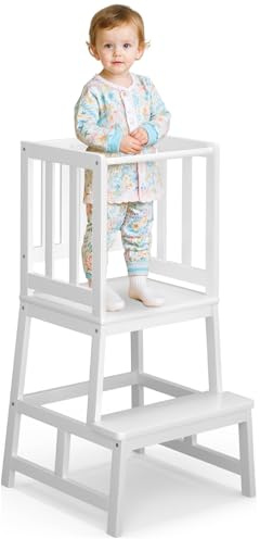 COSYLAND Taburete de guardería para niños, Estructura antivuelco, Torre de pie para niños pequeños (Blanco)