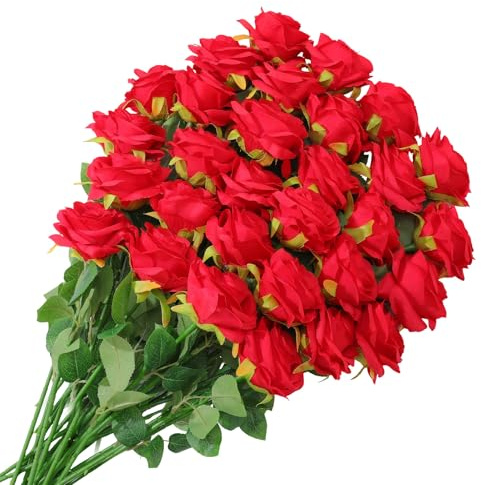 Xialvyu 32 Stück Rot Künstliche Rosen, 52 cm Langer Stängel Künstliche Dunkelrote Rosen, Realistische Kunstrosen für Hochzeitsramos, Heimdekoration, Party Arrangements, Hotel und Garten Dekorationen