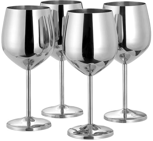 4 copas de vino de acero inoxidable de 500 ml, copa de vino de metal, barriga en forma de U, resistente al óxido, irrompible, elegante, moderna, portátil, con tallos para viajes en casa, metal