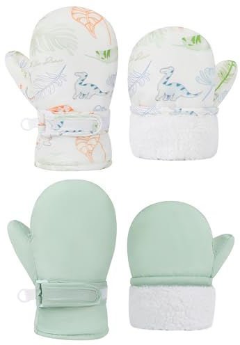 YMYDYFC Baby Toddler Mittens Waterproof Winter Snow Gloves with Fleece Lining Thermal Cold Weather Warm Windproof Ski Skating Kids Boys Girls Jungle Dino&Pure Light Green 1-2T