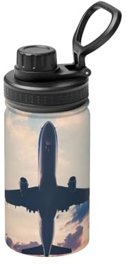 Bouteille d'eau isotherme en acier inoxydable à double paroi pour boissons chaudes et froides - Motif avion, coucher de soleil et ciel - 355 ml
