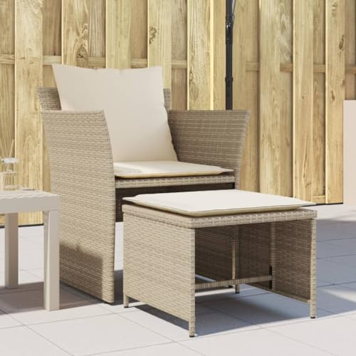 YuuSsea Gartenstuhl mit Fußhocker, Beige Poly Rattan, Outdoor Möbel Set, Loungesessel mit Kissen, Witterungsbeständig, für Balkon, Garten, Terrasse, Max. 110 kg
