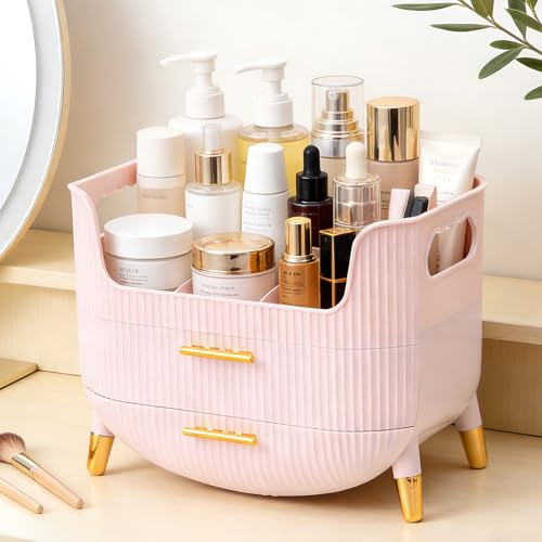 FARYODI Organizador de maquillaje cosmético con 2 cajones, organizador de tocador antideslizante, organizador de cuidado de la piel para decoración de habitaciones, tocador, dormitorio, baño (rosa)