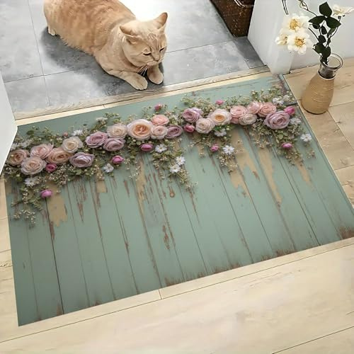 Fußmatte Innen 40x60 cm, Rutschfest Waschbar Fußabtreter Vintage Rosenkranz Aus Holz Dünn Eingangsteppich Landhausstil Schmutzfangmatte Aus Kurzflorgewebe für Eingang, Haustür, Flur, Salbeigrün