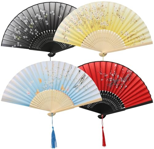 Juibao 4Pcs Fabric Hand Folding Fans, Vintage Chinese Style Silk Fan with Bamboo Handle and Tassel, Handheld Folding Fan for Daily Use, Dancing, Home Decoration and Gifts