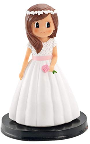 FIGURA NIÑA PARA PASTEL (TARTA) DE COMUNIÓN MEDIDA 15 CM DIADEMA FLORES BLANCAS