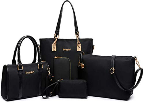 FiveloveTwo Femmes Mode 6Pcs Bag Set PU cuir Sac à Bandoulière portés main + Fourre-Tout + Portefeuille + Titulaire de la Carte Pochettes Clutches épaule ensemble de Shoulder Bag Noir