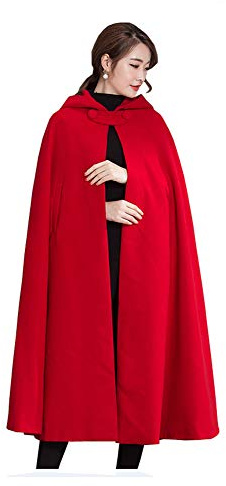 Femmes Manteau avec Capuche Hiver Poncho en Laine mélangée Cape Veste Chaude (Rouge)