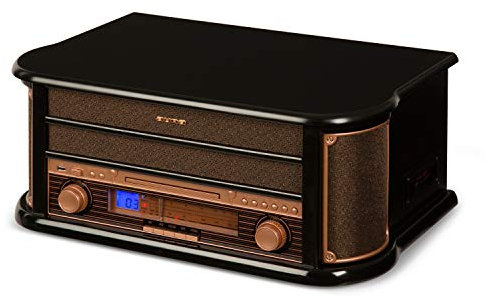 auna Belle Epoque 1908 - Reproductor de Vinilo, Tocadiscos estéreo Retro, Tocadiscos de Vinilo, Radio Digital, Reproductor de CD, MP3, RDS, Casete, USB, Digitalizador, Mando a Distancia, Negro
