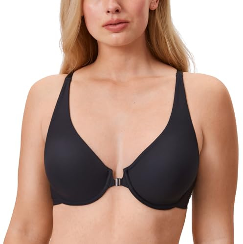 Delimira Women's Front Fastening Bras Seamless Full Coverage Unlined Underwire Support Bra Black 36DD