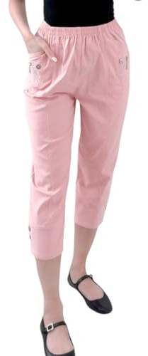 Crazy Fashion Mesdames Capri Trois Quarts Doux 3/4 Pantalons Dames Stretch Court Pull sur Taille Élastiquée Shorts Plus La Taille Pantalon D'été pour Femmes EUR (Pink, 12)