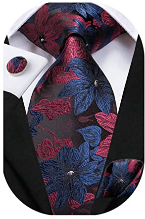 Hi-Tie Mens Navy and Red Tie Set Silk Floral Necktie with Pocket Square Cufflinks Set Formal Necktie for Wedding