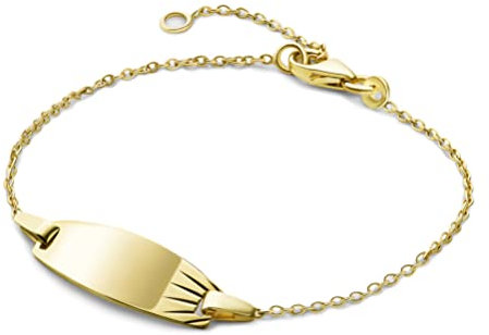 Miore Barnarmband för barn med plack namn i gult guld 375, längd 14 cm (12 cm + 2 cm förlängning), 14 cm, Guld