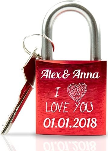 Geschenkfreude Liebesschloss mit Gravur und Schlüssel - rot - I Love You | Liebesschloss mit Gravur, Geschenke für Paare, personalisiertes Liebesschloss, Valentinstagsgeschenk, Pärchengeschenk
