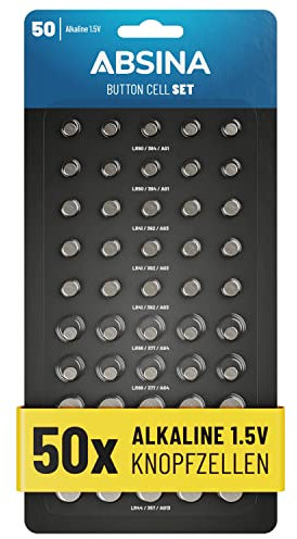 ABSINA Pack de 50 Assortiment Pile Bouton - 10x AG1 LR621 / 15x AG3 LR41 / 10x AG4 LR66 / 10x AG10 LR1130 / 5X AG13 LR44 - Piles Boutons Assortiment 1,5V, Piles Plates, Pile Montre, Piles Montre