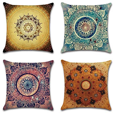 OCEUMACO Leinen Kissenbezug 50x50 Boho Indisch Blumen Kissenhülle 4er Set Sofakissen Dekokissen Bezug für Couch Sofa Mandala Hippie Kissen Kissenbezüge Outdoor Deko Zierkissen Couchkissen - Bunt