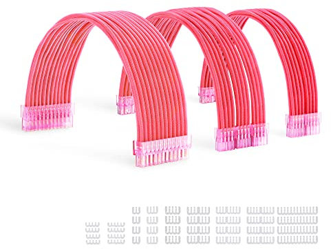 Formulamod Sleeve Extension Power Supply Cable Kit 18AWG ATX 24P+ (2) EPS 8-P+ (3) PCI-E8-P with Combs for PSU to Motherboard/GPU (Pink)