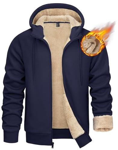 KEFITEVD Huvtröjor för män, sherpa fleecefodrad jacka med huva, vindtät sweatshirt, vinter, varm huvtröja med fickor, marinblå, XXL