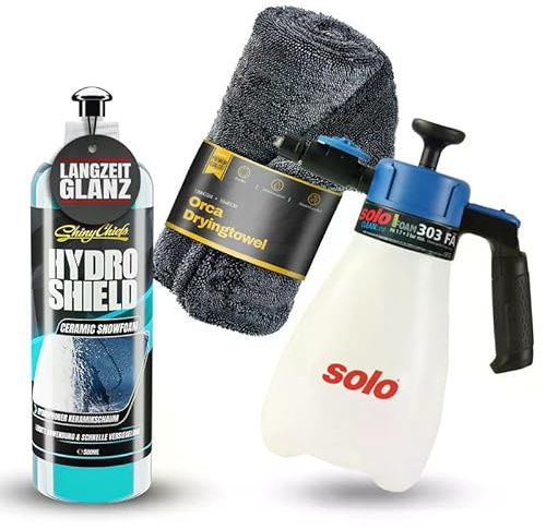 ShinyChiefs Solo Schaumsprüher 303 FA Reinigungsset - inkl. Hydro Shield Autoshampoo & ORCA Dryingtowel - 1,2L Pumpflasche mit Flachstrahldüse für optimalen Schaum zur Autopflege