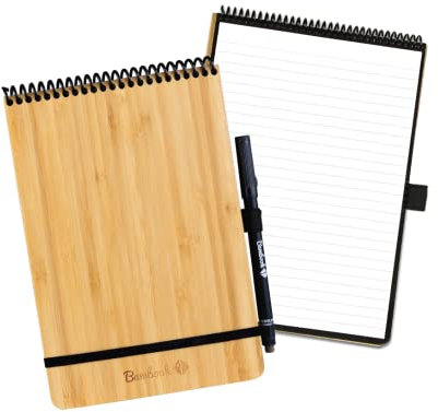 BAMBOOK Notepad - Bambus-Holz Hardcover - A5 - Liniert, Wiederverwendbares Notizbuch, Notizblock, Reusable Notebook