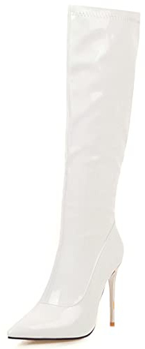 Bviennic Donna Appuntito Vernice Stivali Alti Zip Laterale Uomini Festa Tacco A Spillo Moda Stivali Equitazione Sposa Bianco Numero 36 Eu