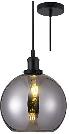 Matt Black & Smoked Domed Globe Glass Vintage Retro Pendant Ceiling Light | 25cm Diameter | Black Braided Cable | 1 x ES E27 Lamp Bulb Required | 240 Volts | Bedroom - Lounge - Kitchen