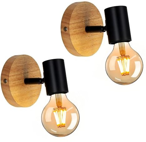 Tealight 2 Pezzi Applique da Parete Interno, Applique Camera da Letto,lampade per corridoio, Legno e Metallo Design, Lampada a Muro Vintage E27 per Corridoio, Camera da Letto,Soggiorno, Nero