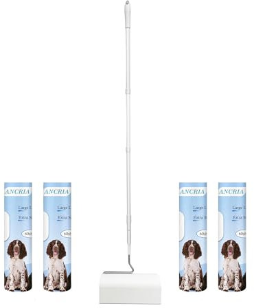 ANCRIA Fusselrollen für Tierhaare, extra klebriger Boden mit langem Griff, 16 cm breiter, 240 Blatt, verstellbare Länge bis zu 124,5 cm, großer Katzenhaarentferner (1 Rolle + 240 Blatt)