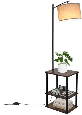 Fullwatt Stehlampe mit Holzregal Innenbeleuchtung Holz Stehleuchte mit Regalen für Schlafzimmer und Wohnzimmer Beige (Feuerfarbe)