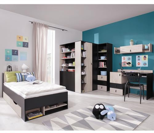 Lomadox Jugendzimmer Set 5-teilig mit Bett, begehbarer Kleiderschrank, Regalschrank, Wandboard, Schreibtisch in schwarz/braun/beige Modern
