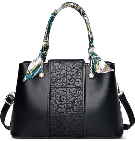 DORRISO Stilvoll Damen Handtasche Elegant Schultertasche mit Schal Design Praktisch Mehrere Taschen Umhängetasche für Büro Ernennung Urlaub Einkaufen PU Leder Schwarz