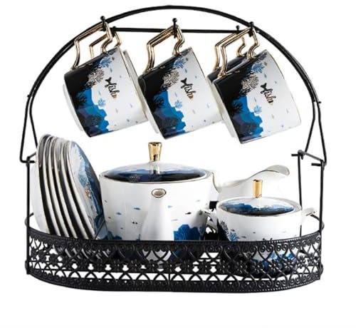Juego de té de 15 piezas Juegos de té de porcelana Juego de taza de café y platillo de lujo con soporte de metal for regalo y hogar Oficina Boda
