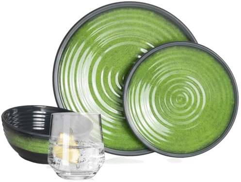 Vaisselle de camping en mélamine pour 4 personnes Vert pierre + 4 verres Milano