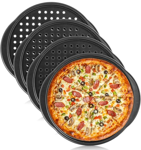 SHUESS 4 Pcs Pizza Trays for Oven - 14 Inch Carbon Steel Pizza Baking Pan - Round Perforated Baking Trays with Handle - Pizza Trays for Oven Non Stick, Dishwasher Safe (35 cm, Black)