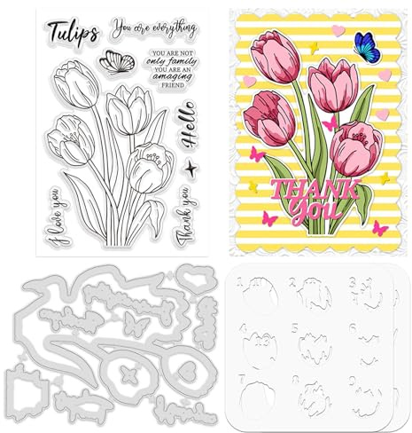 ORIGACH Tulip Schichtung Färbung Schablone Stempel und Stanzformen Set Blumen Malen Basteln Schablonen Silikonstempel und Stanzen Für Kartengestaltung Papier Basteln Journaling DIY Scrapbooking