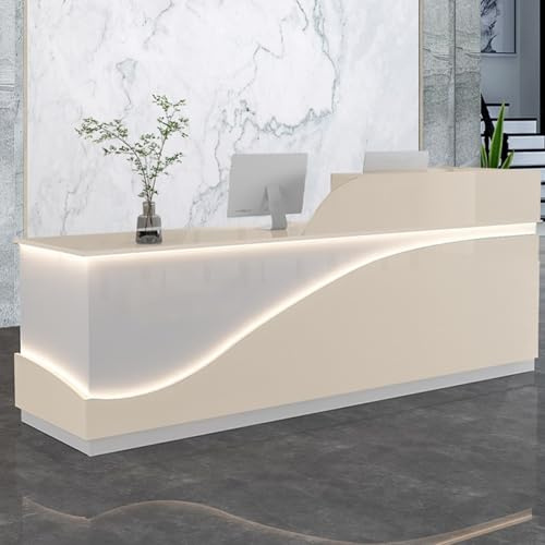 YQMHEZ-Rezeption, Empfangstresen, Tisch, Tresen, Empfangstheke mit L-förmiger Blende, Kassentheke mit Abschließbarer Schublade Und LED-Beleuchtung(Beige,140cm)