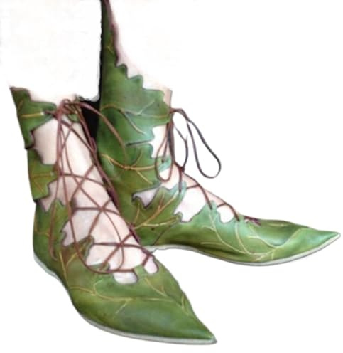 Women's Fashion Leaf Shaped Block Low Heel Flat Ankle Boots Pointed Toe Lace Up Short Booties Casual Vintage Gothic Shoes (green,7.5)