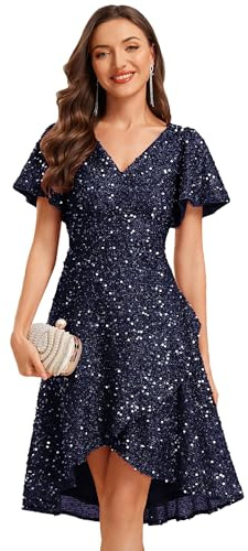 Ever-Pretty Damen Abendkleid mit Pailletten V-Ausschnitt Kurzarm High-Low Midi für Party Sommer Ball Navy Blau 38