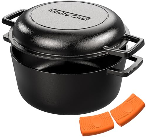 Cast Iron Dutch Oven Pot with Skillet Lid – Pre-Seasoned – Skillet Lid Cooking Pan– PFAS-Free –Umite Chef Cast Iron Skillet Cookware for Bread, Frying, Baking – Dual Handles – Oven, Grill, Campfire & Stovetop Safe – Durable & Non-Toxic, 5QT