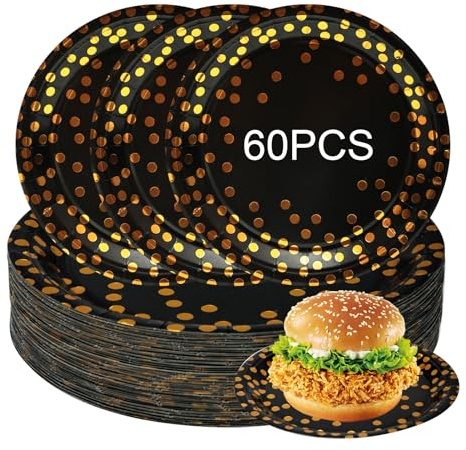 Suugiiy 60 Pcs 7 Inch Black and Gold Paper Plates,Gold Polka Dot Design Cake Plates for Birthday, Anniversary, Wedding, Graduation (Black)