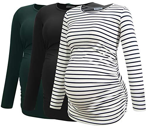 Smallshow Women's Maternity Tops Long Sleeve Pregnancy Clothes T Shirts 3-Packs,Black-Deep Green-White Stripe,M