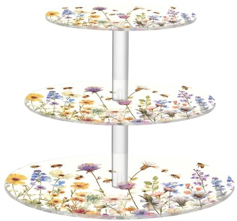 Blueangle 3-Tier Round Cupcake Stand – Herbs and Wild Flowers Acrylic Dessert Tower, Non-Slip Tiered Dessert Stand for Baby Shower, Birthday, Wedding Party （456）