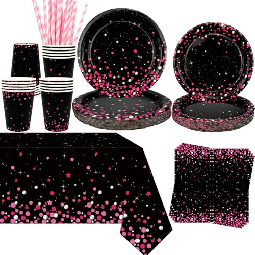 Obussgar Décoration de fête rose et noir – Vaisselle de fête d'anniversaire rose et noir comprenant assiettes, gobelets, serviettes, nappe, pailles – pour 20 personnes