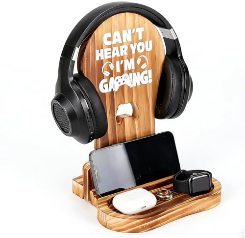 Raoletin Wood Headphone Stand for Desk Headset Stand, Headphones Stands with Phone Slot & Storage Tray, Universal Headset Holder for Gaming Desk Accessories, PC Accessories, Desktop Earphones