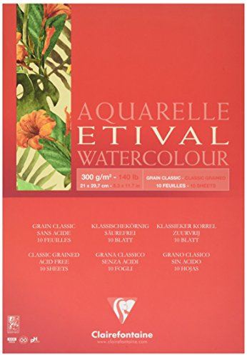 Clairefontaine 96391C Aquarellblock Etival (matt, 300g, für alle Nasstechniken geeignet, 1-seitig verleimt, 10 Blatt, DIN A4, 21 x 29,7 cm, ideal für Anfänger, säurefrei) weiß