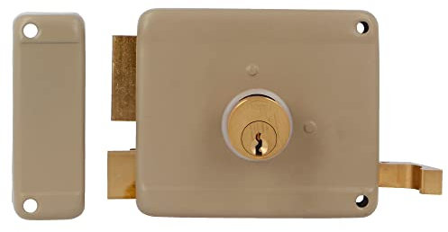 Amig - Serratura da Sovrapposizione a Sinistra con Leva di Chiusura | Linguetta e Maniglia per Porte in Legno Mod. 78 | 100 x 85 mm | Chiusura con cilindro Rotondo a Seghetto | Acciaio Beige