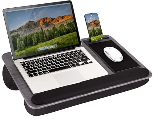 LAPGEAR Home Office Pro Schoßschreibtisch mit Handgelenkauflage, Mauspad und Handyhalterung, graue Holzmaserung, für Laptops bis zu 15,6 Zoll (39,6 cm) | Integriertes Mauspad und Handyschlitz, breite gepolsterte Handgelenkauflage, Doppelpolster, Mikroperlenkissen, Tragegriff